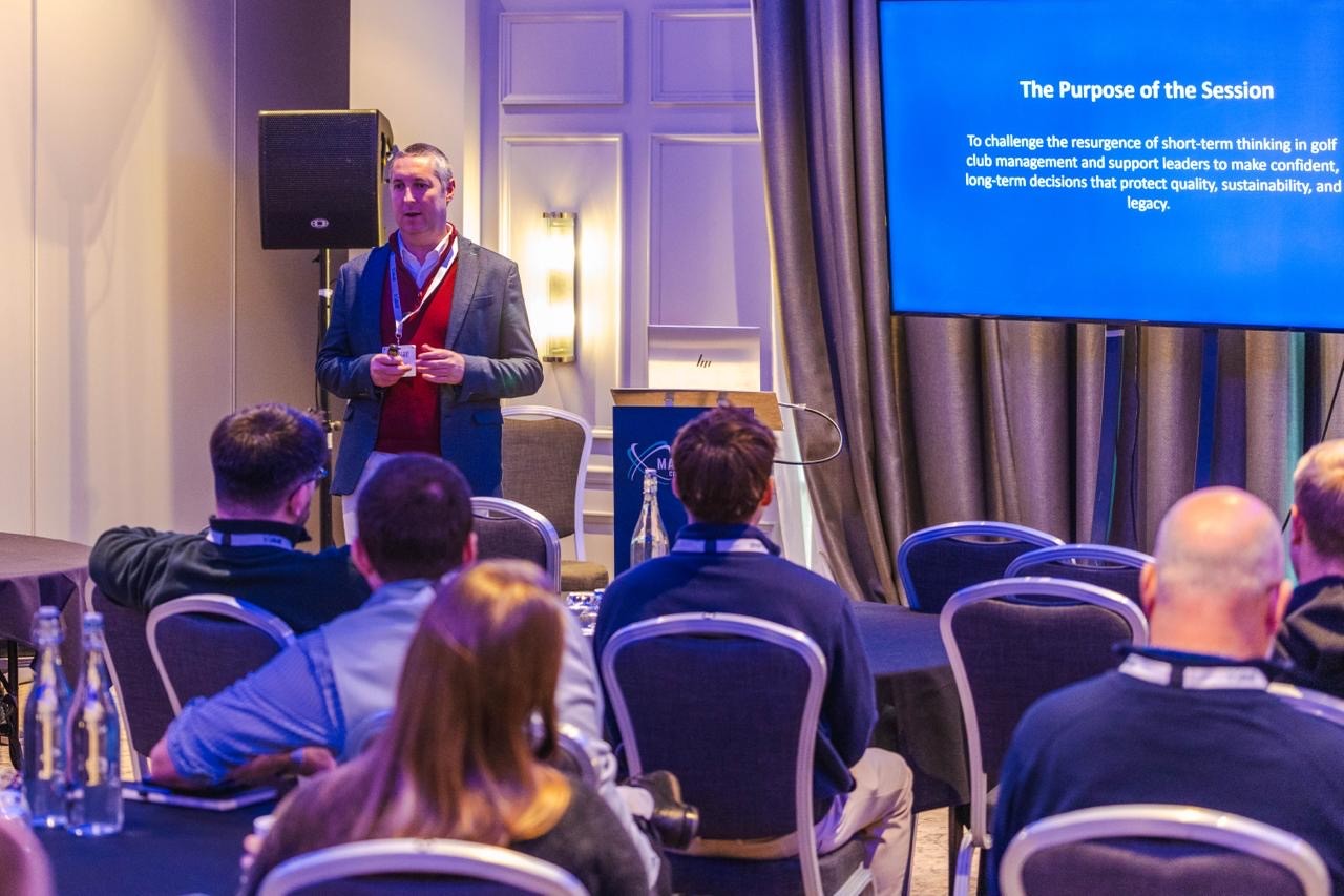 David Shepherd presenting on leadership and long-term strategy to industry leaders